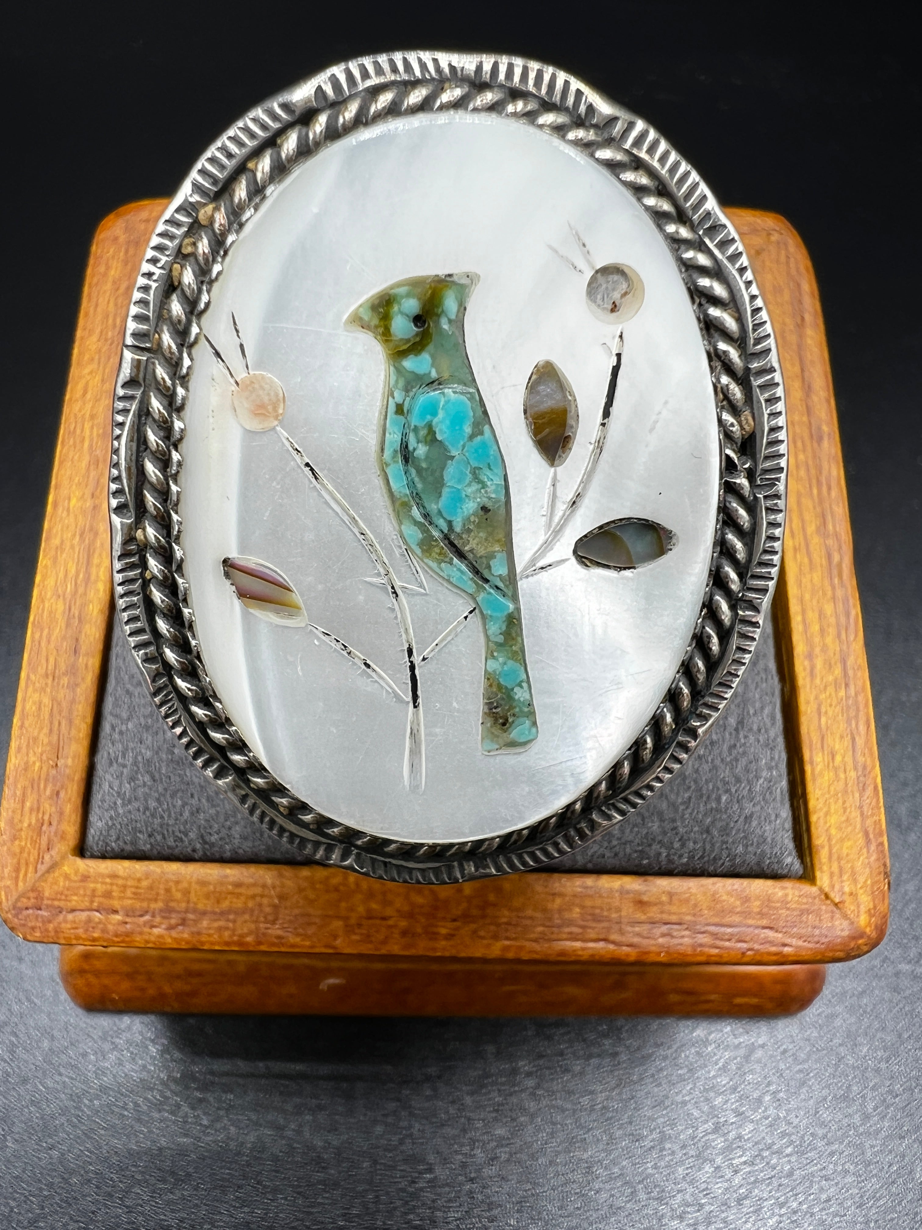 Vintage Inlaid Mother of Pearl & Sterling Silver Zuni Blue Bird Ring