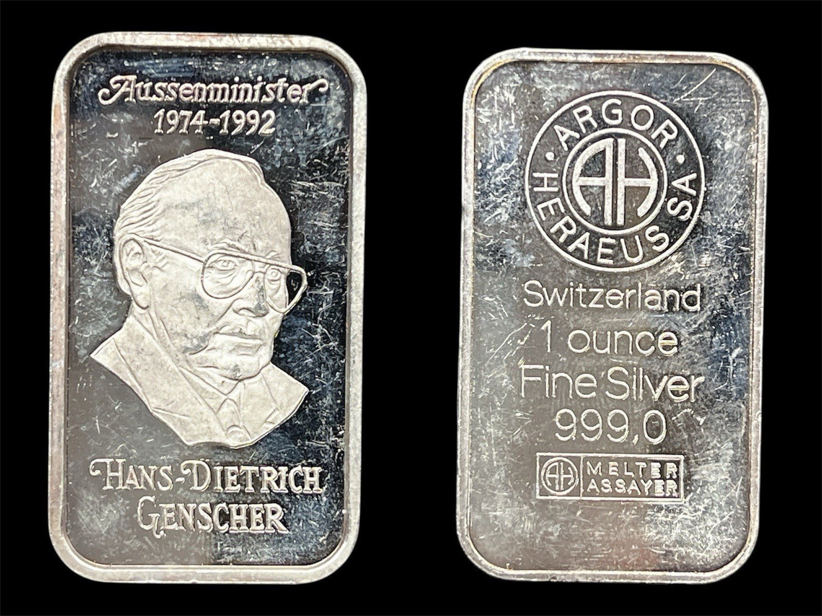 Hans-Dietrich Genscher - Argor Heraeus 1oz .999 Pure Silver Ingot Rare (IKA-125)